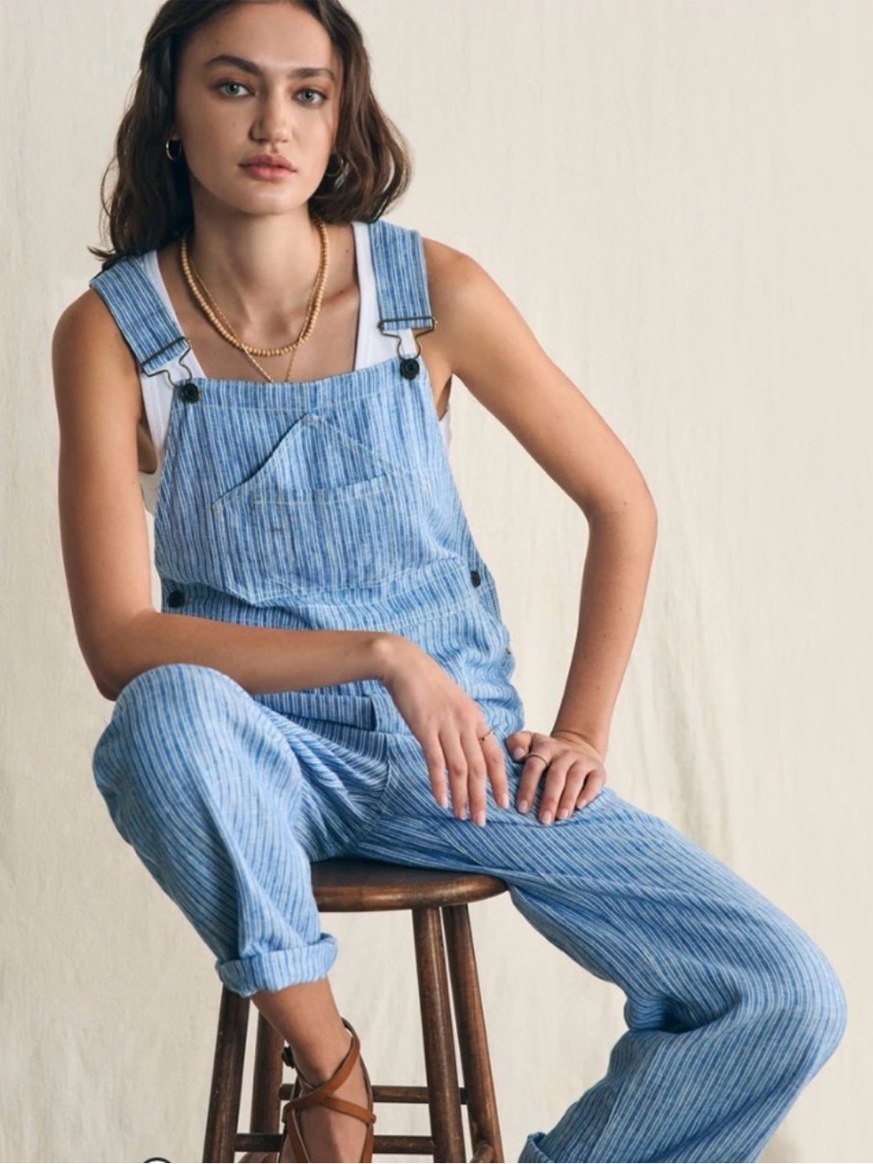 Faherty Linen Mechanic Overalls In Blue And White Stripe